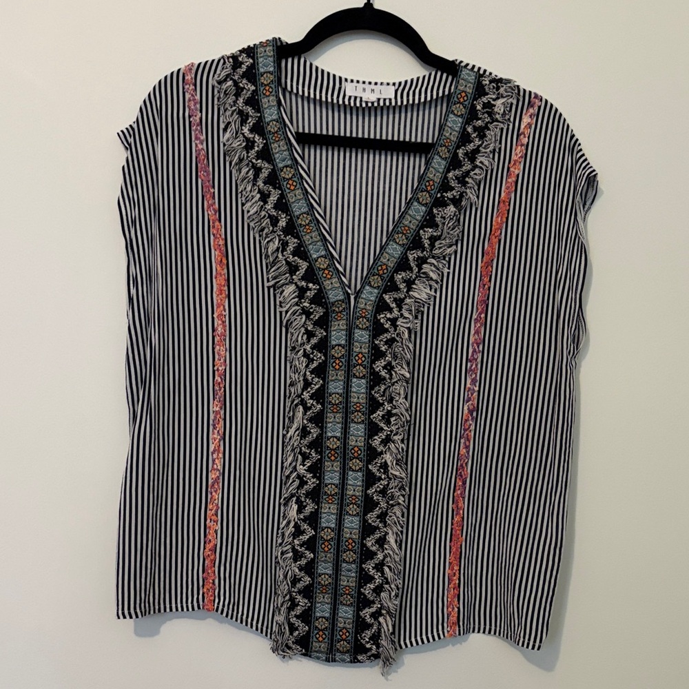 THML Black and White Striped Blouse with Colorful Embroidery